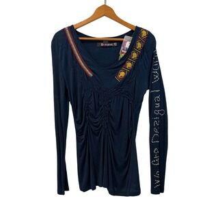 NWT Desigual Navy Blue Embellished V-Neck Long Sleeve Tunic Top Women's Large